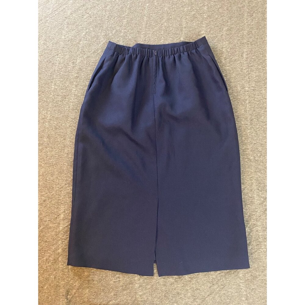 Vintage Navy Pencil Skirt Size 14 Midi Lined Elastic Waist Pockets Womens Zip - Picture 3 of 5